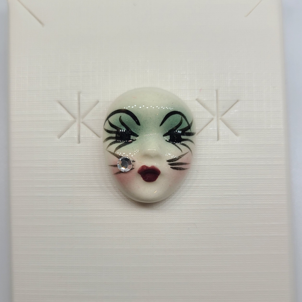 Vintage Fancy Faces Brooch Pin Handpainted Porcelain Mask with Rhinestone